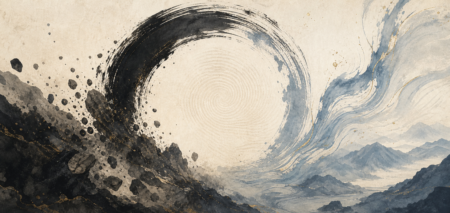 Ink, stone, and blue watercolor wind forming a circle over mountains