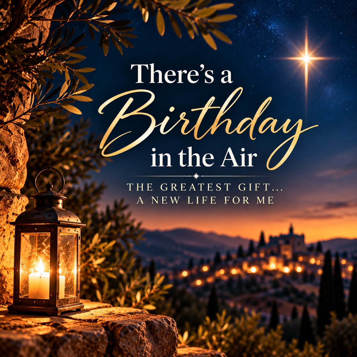 A candle lantern above a village beneath a bright star; the artwork reads: The greatest gift... A new life for me